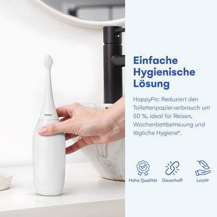 HappyPo Po Shower - Handheld Shower Portable Intimate Shower, Hygienic Cleaning for Travel and Home - Replaces Wet Wipes and Shower Toilet, Gentle and Effective, Compact - 28 x 5 x 6 cm, White