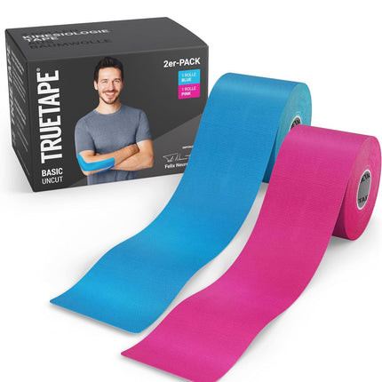 TRUETAPE® Kinesiotape – BASIC Uncut Duo – 2 rolls (5 m x 5 cm) uncut – Waterproof &amp; Elastic Kinesiology Tape – Physiotape with strong adhesive for everyday use &amp; sports – Blue &amp; Pink