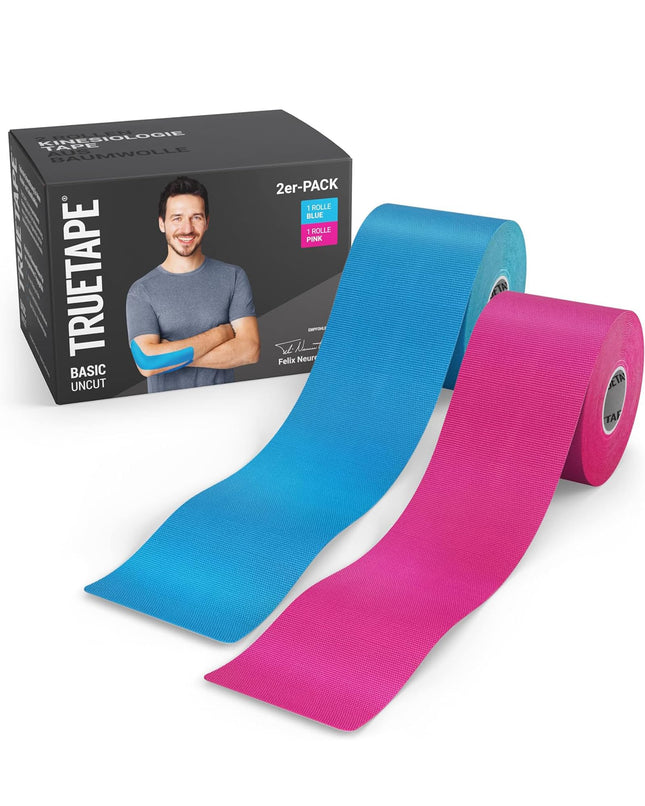 TRUETAPE® Kinesiotape – BASIC Uncut Duo – 2 rolls (5 m x 5 cm) uncut – Waterproof &amp; Elastic Kinesiology Tape – Physiotape with strong adhesive for everyday use &amp; sports – Blue &amp; Pink