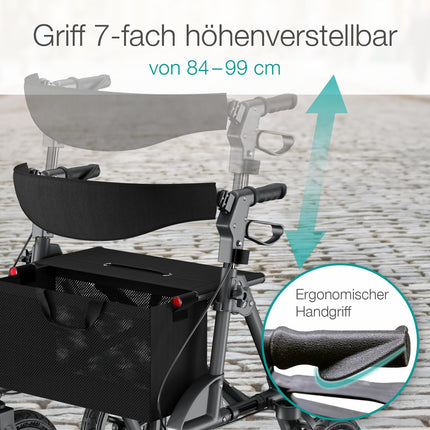 maxVitalis Rollator foldable and lightweight with seat, outdoor rollator with pneumatic tires including seat, back strap, height-adjustable aluminum walking aid including bag and cane holder, anthracite
