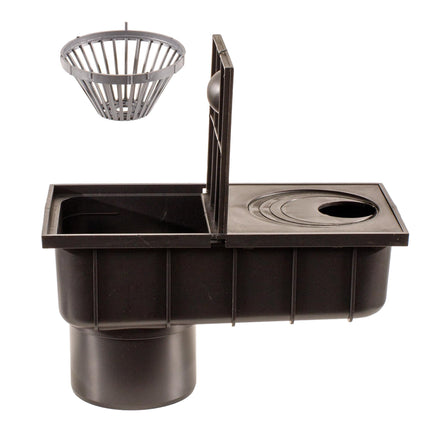 ScarMaxx - Rainpipe drain, gutter drain - Rain gully DN 110 - Floor drain Compatible with gutters 50-110 mm - Plastic, Black - 29.8 x 15.2 x 16 cm - with collecting basket, drain under
