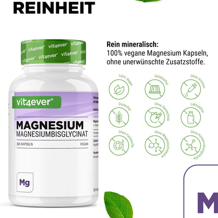 Magnesium Bisglycinate - 365 Capsules - Premium: Chelated Magnesium - 155 mg elemental magnesium per capsule - Laboratory tested - Vegan - High dosage