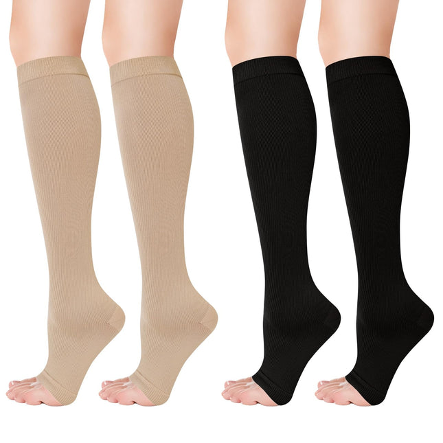 2 pairs of compression stockings for women, 20-30 mmHg compression socks, long compression socks, travel stockings, support stockings for varicose veins, edema, flight, sports, travel, L/XL