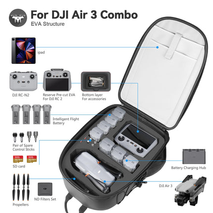 Smatree Professional Backpack for DJI Drone and Drone Accessories, for G*pro Action Camera and Osmo Action Camera, Black - For DJI Air 3, Large, Professional