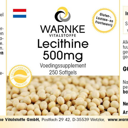 Lecithin 500mg - from soy - 250 softgels - GMO-free - high dosage - bulk pack | Warnke Vitalstoffe - German pharmacy quality