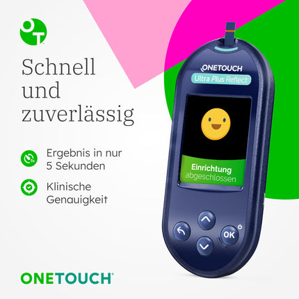 OneTouch Ultra Plus Reflect blood glucose monitoring system for diabetes (sugar disease), including 1 blood glucose meter (mg/dl), 40 test strips, 1 lancing device, 40 lancets, 1 carrying case, 2 batteries