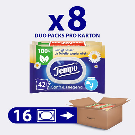 Tempo Moist Toilet Wipes "Gentle &amp; Caring" - Megapack - 16 packs with 42 wipes each - Duo Packs - with natural chamomile - Toilet paper, dermatologically tested &amp; pH skin-neutral