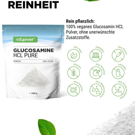 Glucosamine HCL Pure - 1000 g (1 kg) pure powder without additives - From plant fermentation - Laboratory tested - Vegan - High dosage - Premium quality