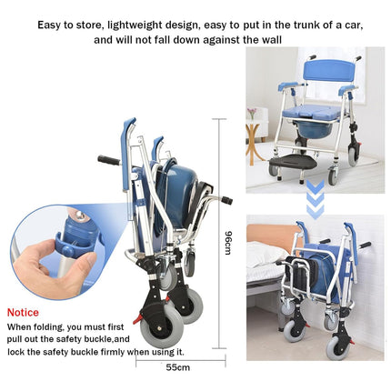 Commode chair for seniors with wheels, comfortable shower chair with armrests and soft seat, multifunctional shower and commode chair, foldable with brake
