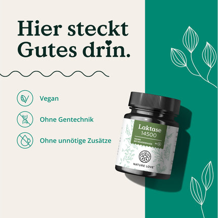 NATURE LOVE® Lactase Tablets – 90 Tablets – High Dose with 14500 FCC – with acacia fiber without synthetic additives, vegan – laboratory-tested lactase tablets, produced in Germany