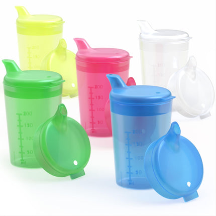 Horn Medical 5-pack adult drinking aids 250ml sippy cups PLUS 5 lids for liquids &amp; 5 lids for porridge/mushroom - color selectable (colorful)