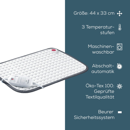 Beurer heating pad HK 41, cozy heat pad with 3 temperature settings and automatic switch-off, machine washable, made in Europe, white / gray, 44 x 33 cm