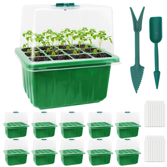 MYMULIKE Indoor Greenhouse Propagator, 10 Pack 120 Cells Mini Greenhouse Propagation Set Seedling Starter Trays Greenhouse Propagation Set Tray with Raised Lid and Ventilation for Seedling Plant