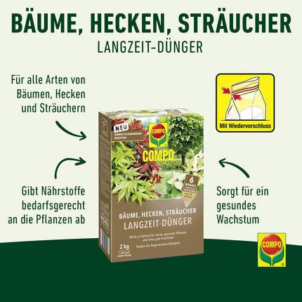 COMPO Trees, Hedges, Shrubs Long-Term Fertilizer, Environmentally Friendly Formula, 6 Months Long-Term Effect, 2 kg, For 40 Meters of Hedge