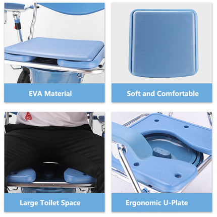 Commode Chair for Seniors with Wheels, Shower Chair with Wheels, Foldable, Shower Toilet with Armrests and Foldable Footrest for Seniors, Disabled People, Pregnant Women, Load 150 kg (Big Blue)