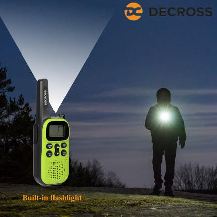 DC DECROSS Walkie Talkies for Kids and Adults, Set of 2 Walkie Talkies up to 4 km, PMR446 16 Channels, VOX, Flashlight, Gift for Boys and Girls Ages 4, 5, 6, 7, 8, Hiking, Camping (Green + Battery)