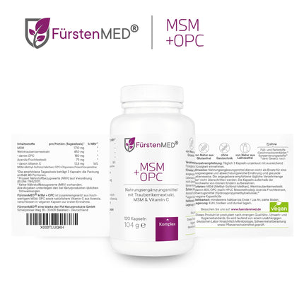 FürstenMED® MSM + OPC Capsules High-dose with 1710mg MSM powder + 180mg OPC &amp; Vitamin C (from Acerola) per daily dose - 120 Capsules, Vegan, Laboratory-tested &amp; No additives
