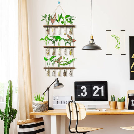 Grovind 3 Tiers Large Flower Vases Wall Hanging Plant Vase with Wooden Stand, Glass Planter Test Tube for Hydroponic Plants Home Office Patio Decor