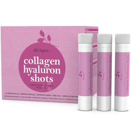 Divique Collagen Drinking Ampoules with Hyaluronic Acid (30 pcs.) - 4,000mg Collagen + 100mg Hyaluronic Acid - with Vitamin C, Biotin, Zinc, Copper, Selenium - sweetened with blossom honey &amp; Stevia - Strawberry Flavor