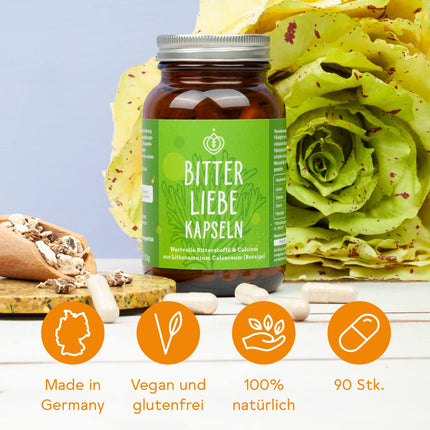BitterLiebe® Bitter Substances Capsules 90 pcs. - Bitter herbs, milk thistle, dandelion, artichoke high dosage - Bitter drops in capsule form - Recipe according to Hildegard von Bingen