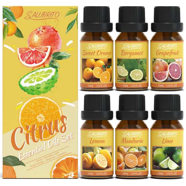 SALUBRITO Citrus Essential Oils Set, Pure Natural Citrus Fragrance Oils for Diffusers - Sweet Orange, Bergamot, Grapefruit, Lemon, Mandarin, Lime Aromatherapy Oil