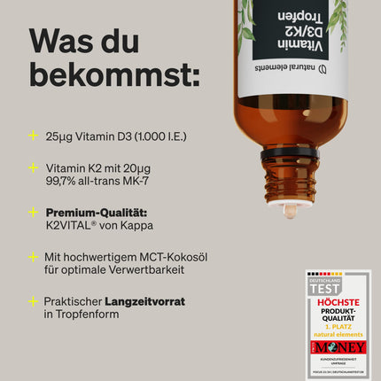 Vitamin D3 + K2 Drops 50ml - Premium: 99.7+% All-Trans (K2VITAL® by Kappa) + highly bioavailable vitamin D3 - Laboratory-tested, high-dose, liquid, and produced in Germany