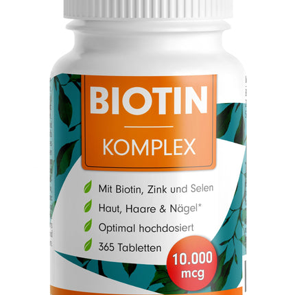 Biotin high-dose 10,000 mcg - 365 Biotin tablets with zinc &amp; selenium - High-quality complex for hair growth, skin &amp; nails - Laboratory-tested with certificate - 100% vegan - 1-year supply pack