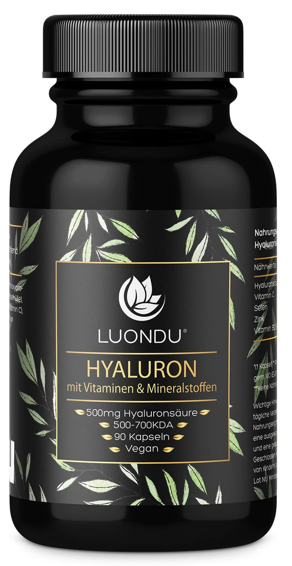 Hyaluron capsules high dose 500mg 90 pieces (3 months) Hyaluronic acid with vitamin C, zinc, selenium, vitamin B2 - laboratory tested, vegan, made in Germany