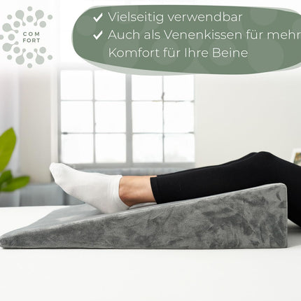 Wedge pillows for bed and couch, mattress wedge, reflux pillow [with 2 lying zones], reading pillows for sleep elevation, back cushions as headboards, bed raisers, back support pillows, leg pillows or vein pillows