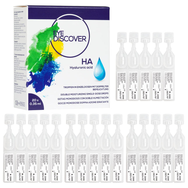 EYE DISCOVER, Eye Drops with Hyaluronic Acid &amp; Hydroxyethylcellulose, Eye Drops for Dry Eyes, Moisturizing Drops (20 x 0.35 ml)