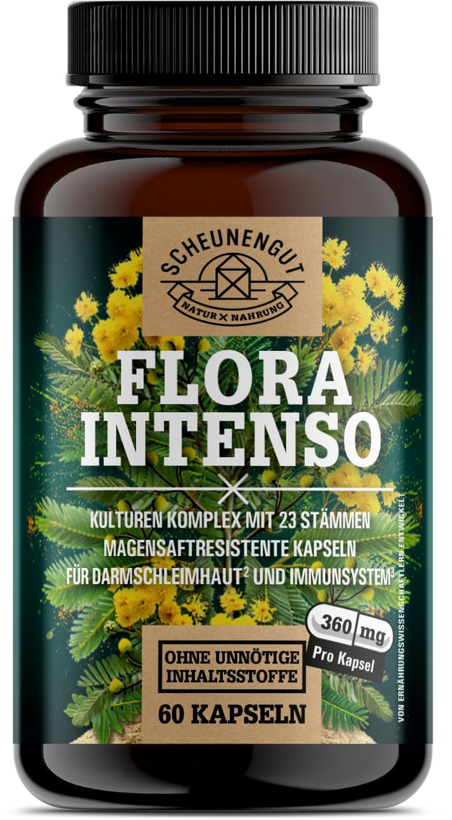 FLORA INTENSO® Probiotic Complex 100 billion CFU/g - Laboratory-tested 23 bacterial strains without inulin - Enteric-coated intestinal bacteria with Lactobacillus + Bifidobacteria - DE- SCHEUNENGUT®