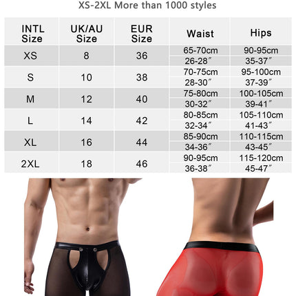 ohmydear Men's Boxer Shorts Leather Boxer Briefs Erotic Lingerie for Sex Mesh Underwear Men's Sexy Underpants Wetlook String Shorts Openable Pouch with Snap Fasteners