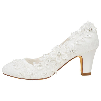 Emily Bridal Wedding Shoes Women Silk-like Satin Chunky Heel Pumps with Stitching Lace Flower Crystal Pearl, Ivory, 40 EU (7 UK)