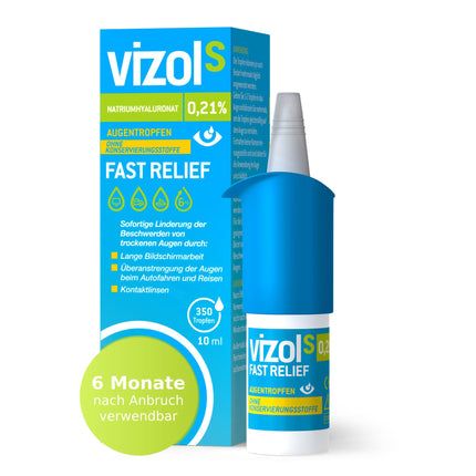 Vizol S 0.21% Fast Relief Eye Drops 10 ml provide immediate and effective relief from mild to moderate symptoms of dry and irritated eyes, preservative-free