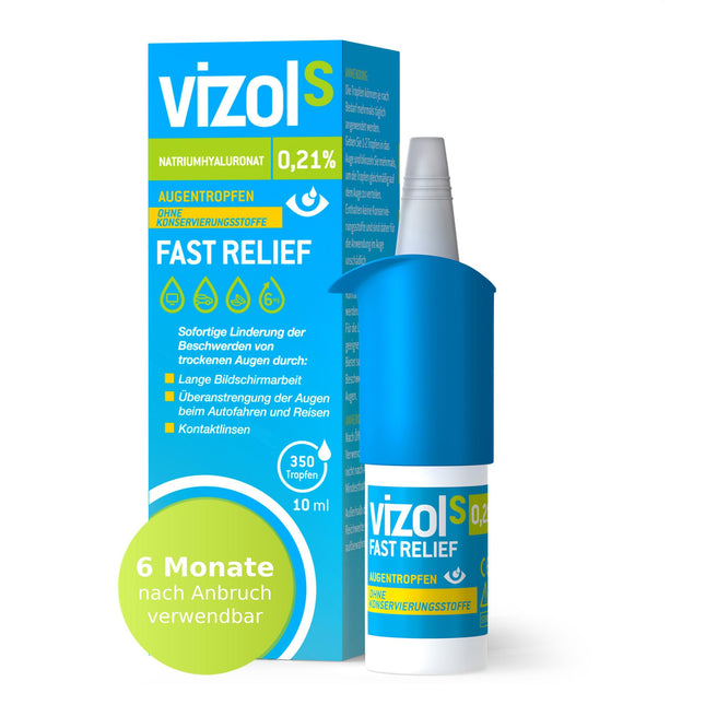 Vizol S 0.21% Fast Relief Eye Drops 10 ml provide immediate and effective relief from mild to moderate symptoms of dry and irritated eyes, preservative-free