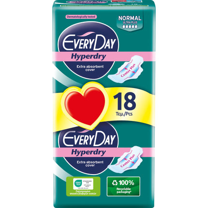 EveryDay Hyperdry Normal, Absorbent Sanitary Pads with Wings, Hyper Dry and Ultra Absorbent, 18 Count