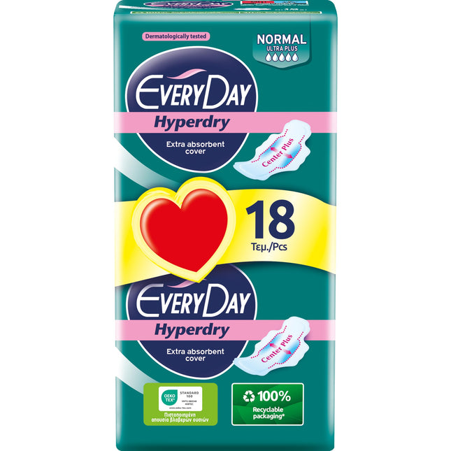EveryDay Hyperdry Normal, Absorbent Sanitary Pads with Wings, Hyper Dry and Ultra Absorbent, 18 Count