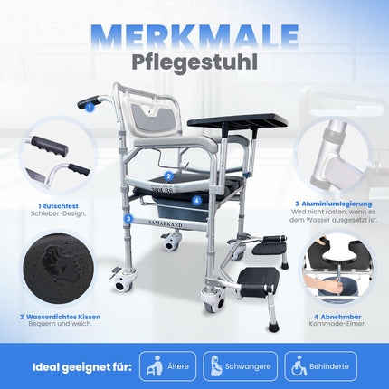 Commode Chair for Seniors with Shower Seat, Wheelchair and Removable Food Tray - Shower Chair for Seniors - Raised Toilet Seat for Adults - Commode Chairs - Commode Chair with Wheels up to 170KG