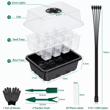 5 pieces seed trays with growth light, seed starter trays, indoor greenhouse cultivation box for germination of seeds &amp; seedlings