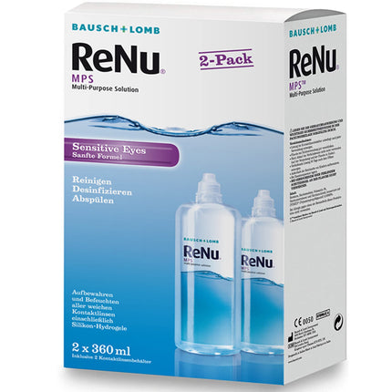 Bausch + Lomb ReNu MPS Sensitive Eyes Combination Solution - Contact Lens Cleaner and Storage Solution, Soft Contact Lenses, 2 x 360 ml, Transparent