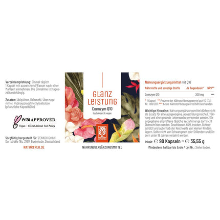 NATURTREU® Glanzleistung - Coenzyme Q10 capsules with a high dose of 200 mg per capsule - 90 vegan capsules for 3 months - pure ubiquinone from plant fermentation