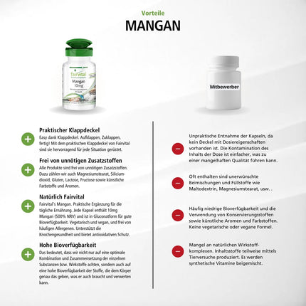 Fairvital | Manganese Capsules 10mg - 90 Capsules - HIGH DOSE - from manganese gluconate - Vegan - essential trace element - Manganese