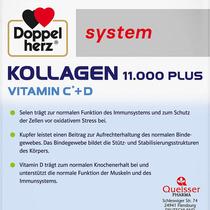 Doppelherz system KOLLAGEN 11,000 PLUS – With nutrients that contribute to the health of the musculoskeletal system and cell protection – 2 x 30 drinking bottles