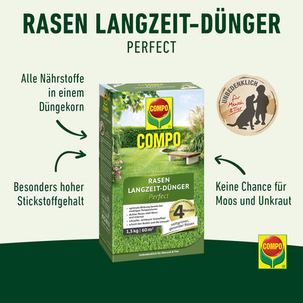 COMPO lawn fertilizer with long-term effect - No chance for moss and weeds - 1.5 kg for 60 m² - COMPO Lawn Long-Term Fertilizer Perfect