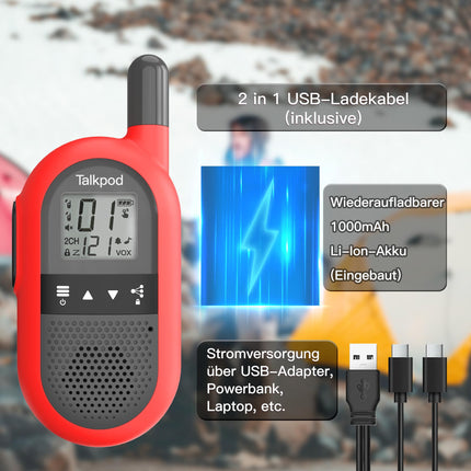 Talkpod F40 Walkie Talkie Kids Adults, Long Range Radio, 16 Channels Walky Talky, Rechargeable with Li-ion Battery, Type-C Charging Cable for House Party Biking Camping Hiking and Adventures