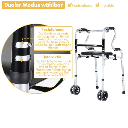 Eulenke walking aid for seniors, folding walking frame with 2 castors, walking aid for adults, height-adjustable walking frame made of aluminum, non-slip, stable walking frame up to 180 kg, silver