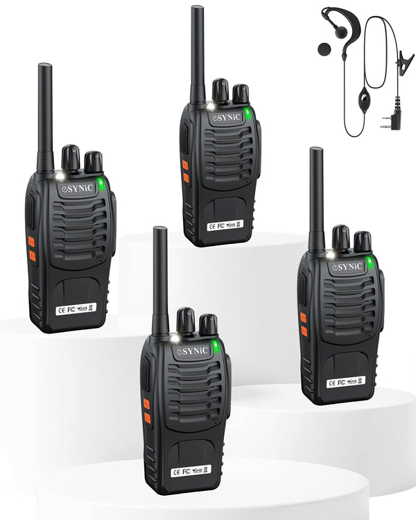 eSynic Walkie-Talkies 4 Pack Long Range 2-Way Radio with 4 Original Earpieces with 16 Channel Single Band for Survival Training and Other Activities