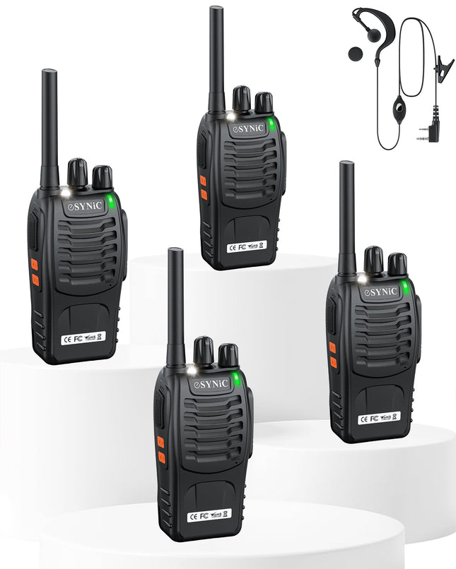 eSynic Walkie-Talkies 4 Pack Long Range 2-Way Radio with 4 Original Earpieces with 16 Channel Single Band for Survival Training and Other Activities