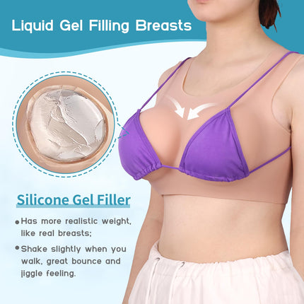 Vnmcry Silicone Breast Forms Realistic Crossdresser Sleeveless Round Neck False Breast Forms Filled with Gel Silicone Breasts for Transgender Mastectomy Prosthesis (Beige Skin - F Cup Size L)