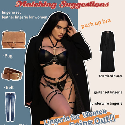 Avidlove Women's Lingerie Set Latex Sexy Lingerie Halloween Costume Leather Underwear Push up Underwire Bra Festival Outfit Lingerie 6-Piece Set Black M